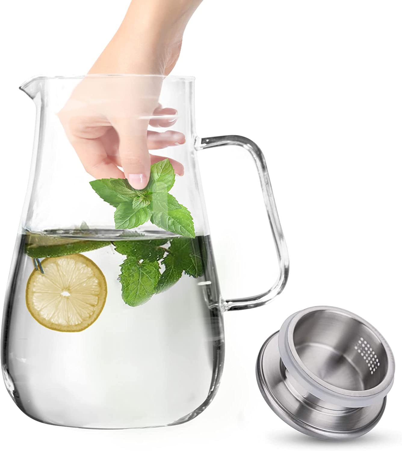 68oz Glass Water Pitcher with Stainless Steel Lid, 3.74inch Wide Mouth to Easily Add Ice or Fruit