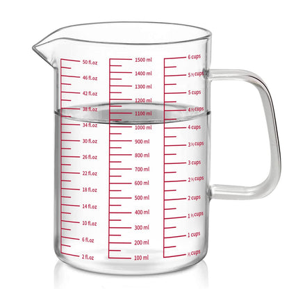 50oz/6 Cups Glass Measuring Cup, Easy to Read with 3 measurement scales (Ml/Oz/Cup)