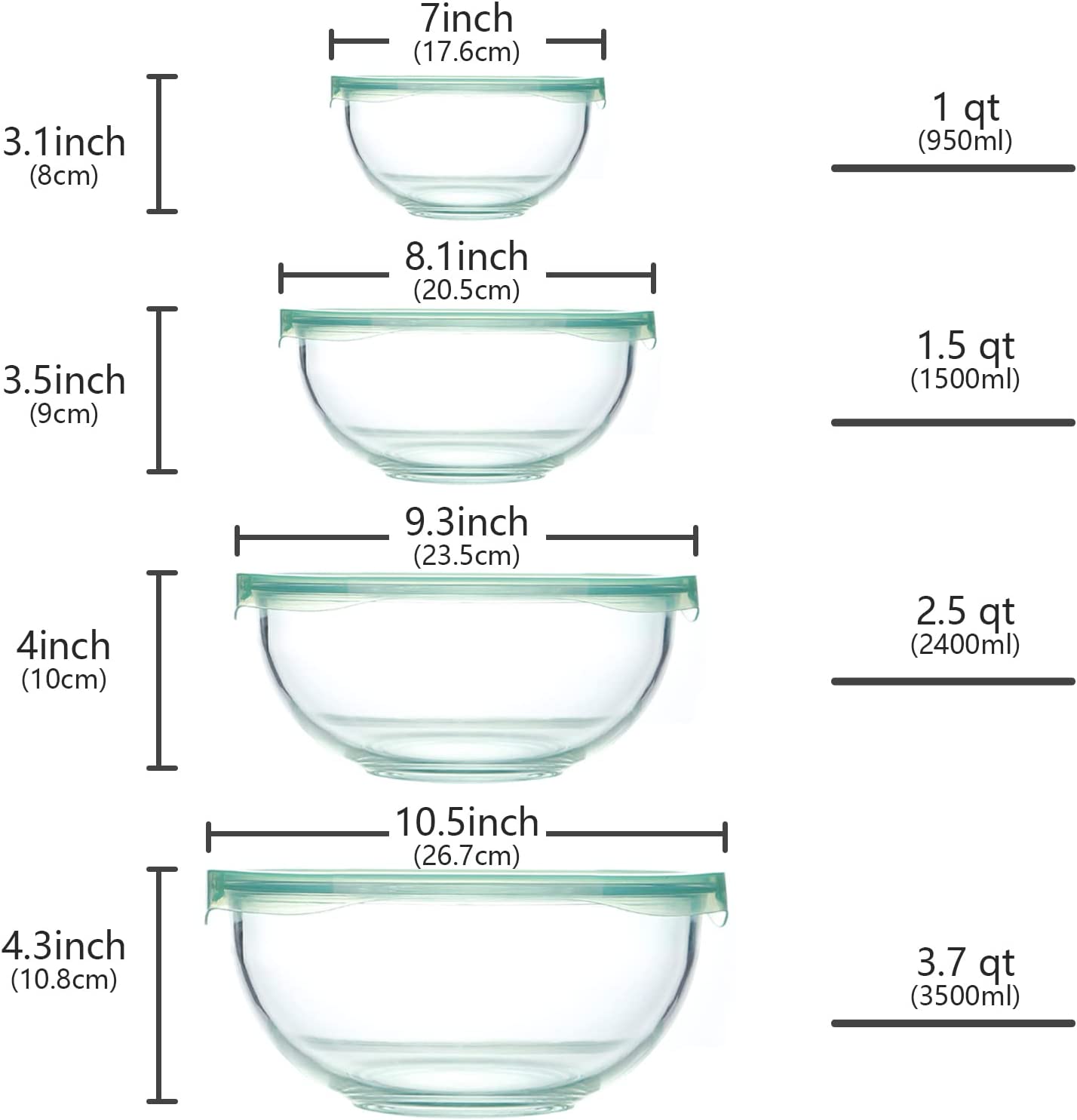 Luvan Glass Mixing Bowls with Lids Set(3.7QT, 2.1QT, 1.1QT),3pc Glass  Nesting Bowls,Large Glass Salad Bowls with lids,Clear Cooking Bowls for  Kitchen