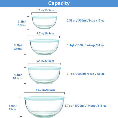 Borosilicate Clear Glass Mixing Bowls with Lids Set of 4 (0.53qt, 1.1qt, 2.1qt, 3.7qt)