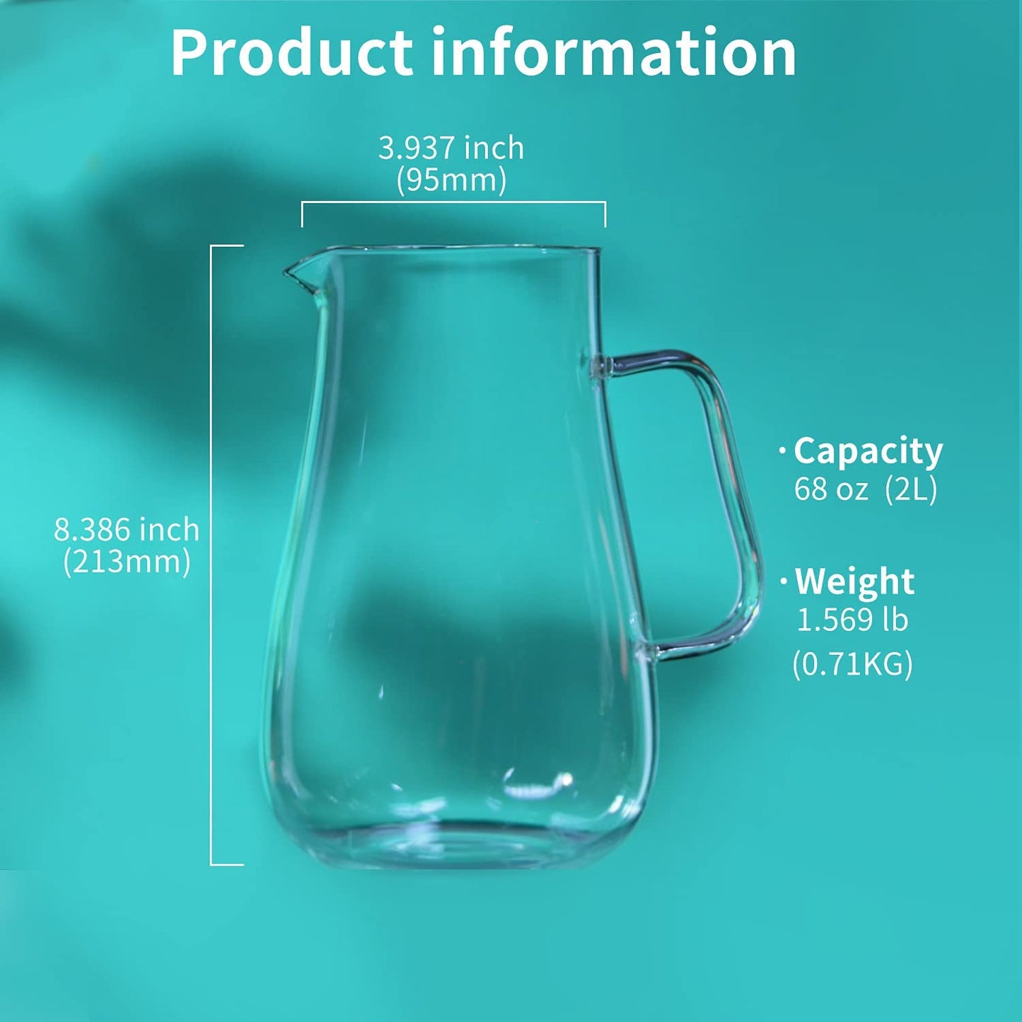 68oz Glass Water Pitcher with Stainless Steel Lid, 3.74inch Wide Mouth to Easily Add Ice or Fruit