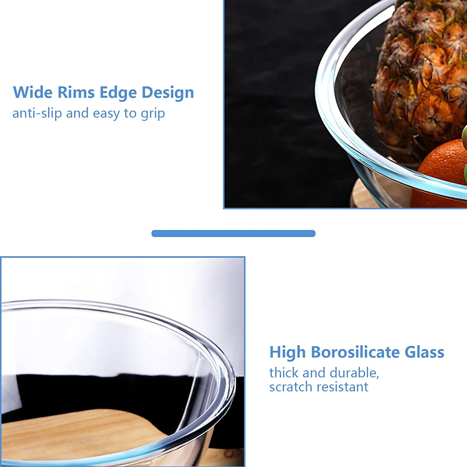 Borosilicate Clear Glass Mixing Bowls with Lids Set of 4 (0.53qt, 1.1q
