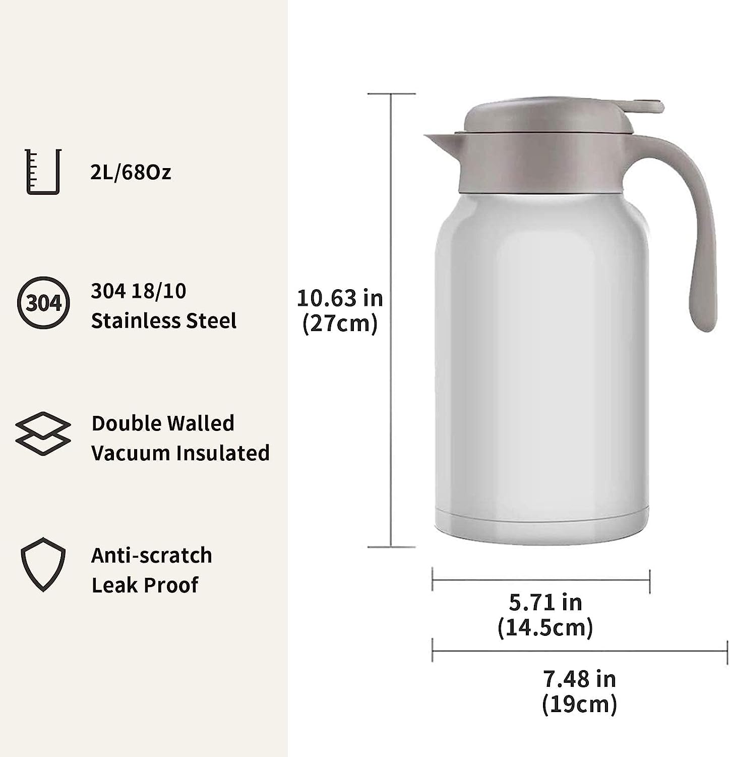OGGI Catalina 68oz Stainless Steel Thermal Coffee Carafe- Double Walled  Vacuum Container w/Press Button Top, Insulated Coffee Carafe, Thermos  Carafe