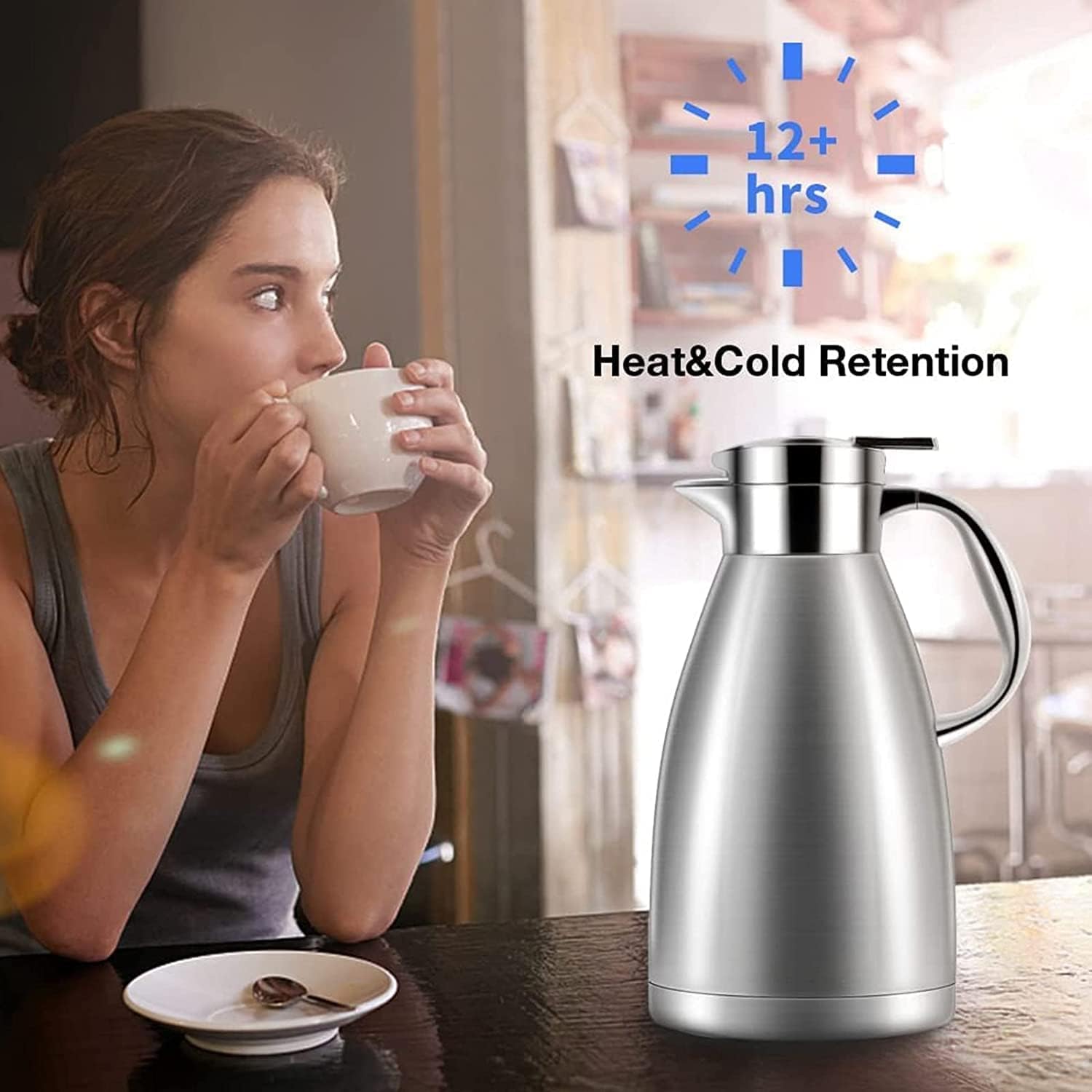 Lafeeca Thermal Coffee Carafe Tea Pot Stainless Steel, Double Wall Vacuum  Insulated | Cool Touch Handle | Hot & Cold Retention | Non-Slip Silicone