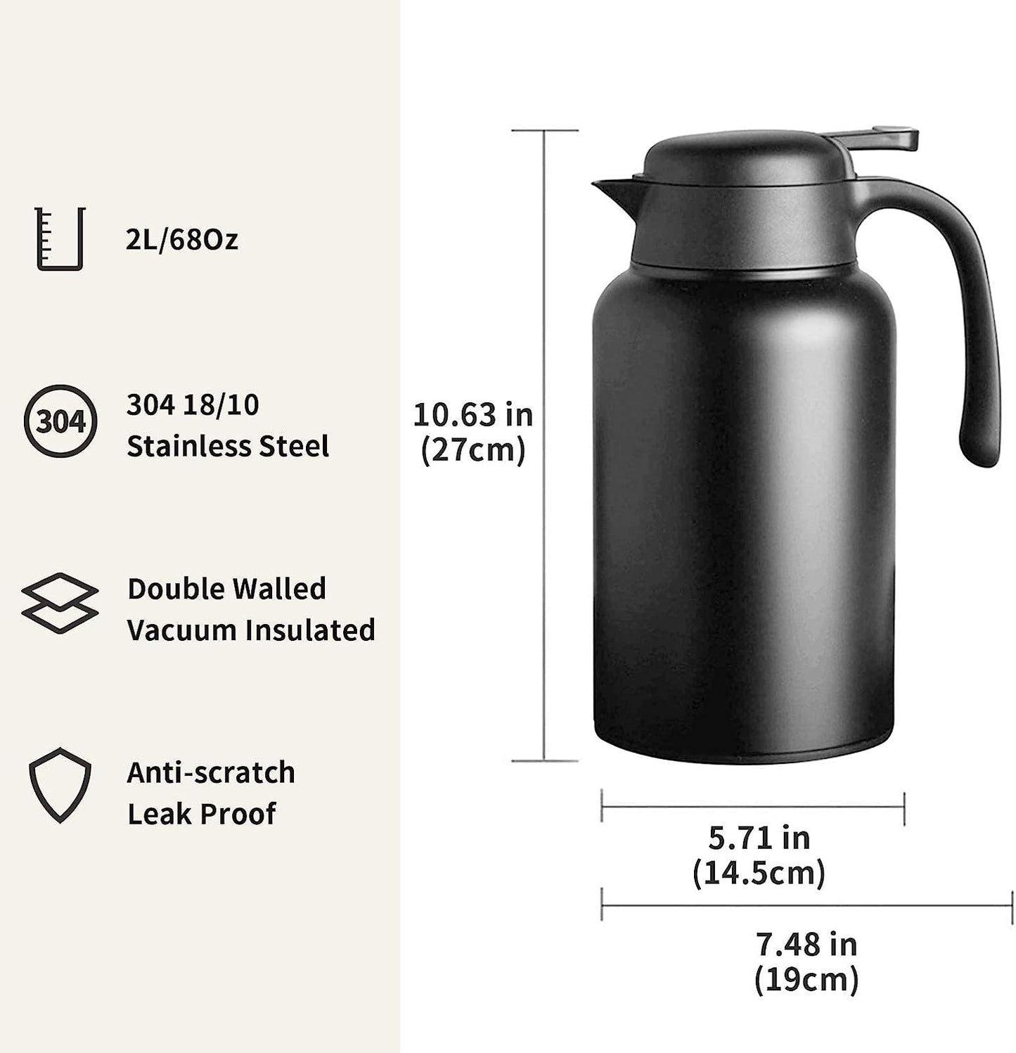 68oz Coffee Carafe 18/10 Stainless Steel/Double Walled Vacuum Insulated Thermal Carafe