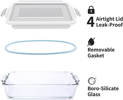 Glass Casserole Dish,2.3 qt Rectangular Baking Dish and 2 Pack Food Storage Container with Airtight Lid