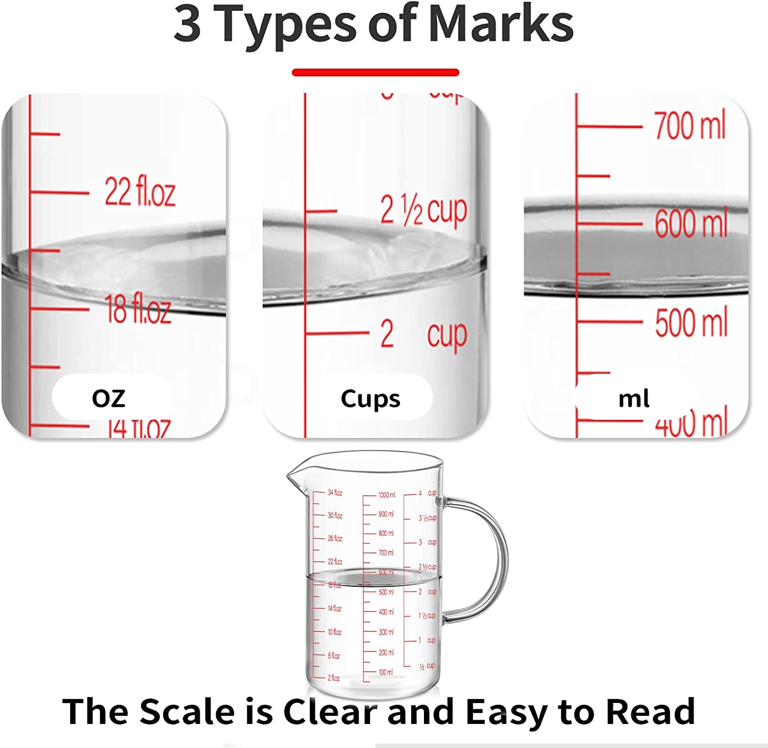 50oz/6 Cups Glass Measuring Cup, Easy to Read with 3 measurement scale