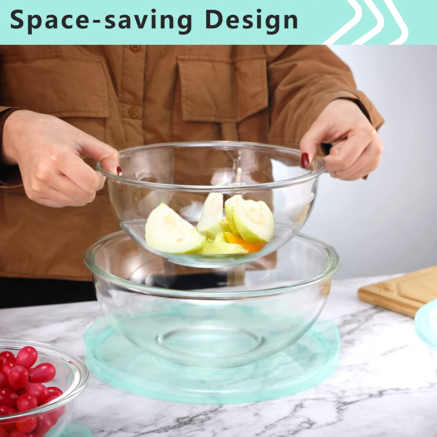 Luvan Glass Mixing Bowl with Lids Set of 5(0.2QT, 0.5QT, 1.1QT, 2.1QT, 3.75  QT), Space-Saving Nesting Bowls Anti-slip Salad Bowls for Storage