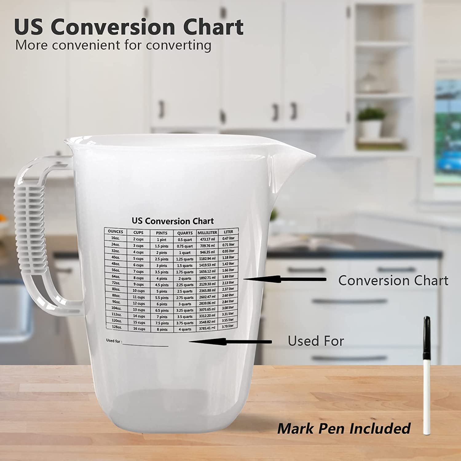 1 Gallon Measuring Pitcher, Large Measuring Cup with Spout and Handle,  134oz Plastic measuring pitcher with Conversion Chart, 1 Gallon Measuring